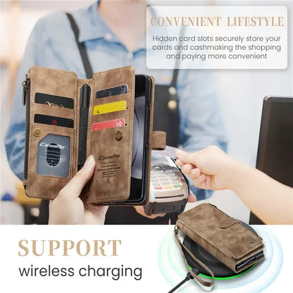 Luxury Lanyard Leather Zipper Wallet Card Phone Case For Samsung Galaxy Z Fold 7 6 5 4 Fold6 Fold5 Fold4 Purse Flip Stand Cover