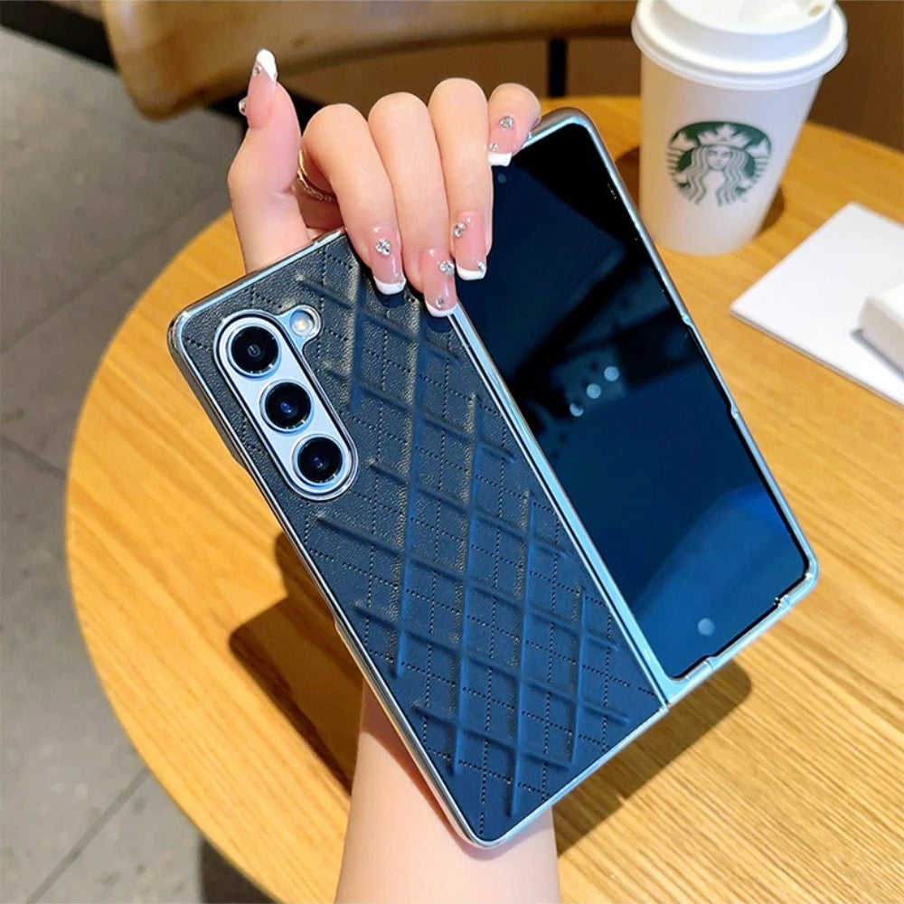 Phone Case for Samsung Galaxy Z Fold 7 6 5 4 Z Electroplated Diamond Grid Pattern PU Leather Luxury Hard Cover
