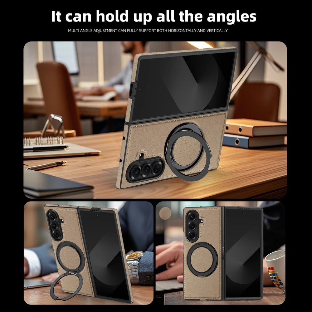 Ring Stand Magsafe Leather Case For Samsung Galaxy Z Fold 7 6 5 4 3 Z Fold7 Phone Case Magnetic Phone Cover Wireless Charging