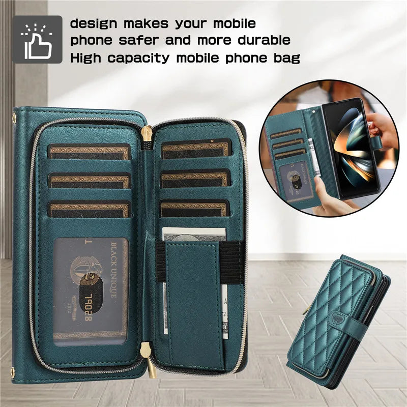 Crossbody Lanyard Zip Leather Wallet Card Phone Case for Samsung Galaxy Z Fold 7 6 5 4 3 Luxury Wrist Rope Flip Stand Cover Bag