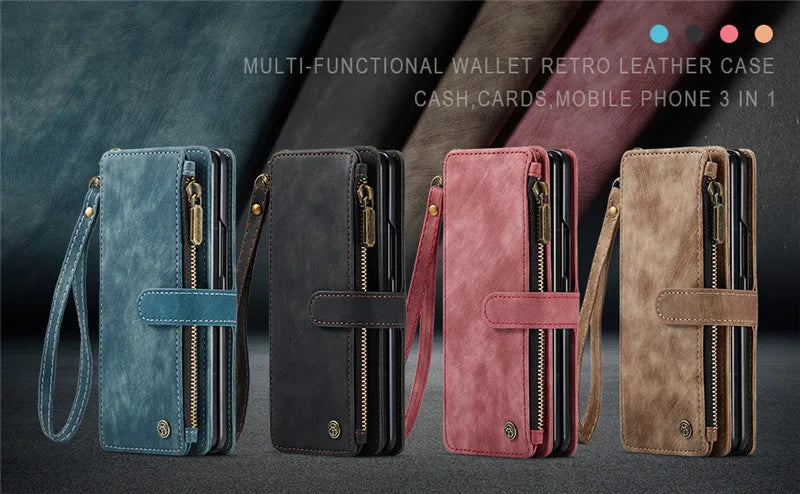 Luxury Lanyard Leather Zipper Wallet Card Phone Case For Samsung Galaxy Z Fold 7 6 5 4 Fold6 Fold5 Fold4 Purse Flip Stand Cover