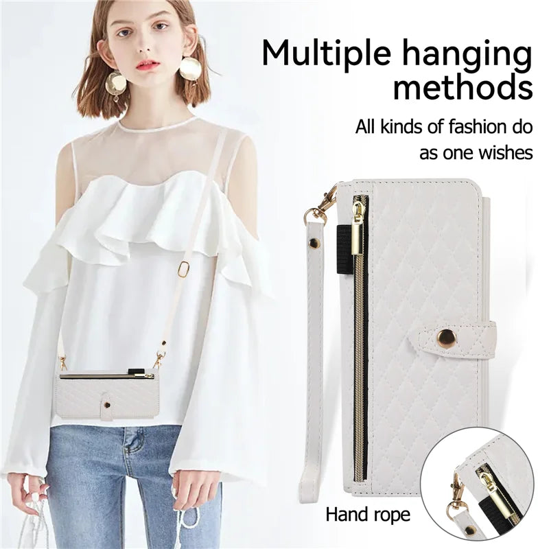 Luxury Lanyard Leather Flip Stand Phone Case for Samsung Galaxy Z Fold 7 6 5 4 3 Fold6 Fold5 Fold3 Fold4 Zip Wallet Card Cover