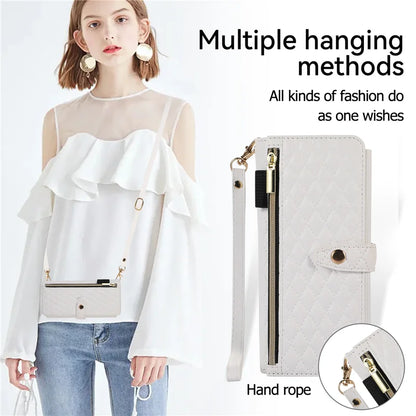 Luxury Lanyard Leather Flip Stand Phone Case for Samsung Galaxy Z Fold 7 6 5 4 3 Fold6 Fold5 Fold3 Fold4 Zip Wallet Card Cover