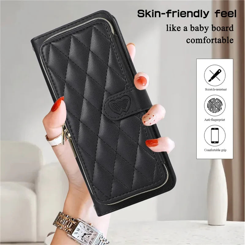 Crossbody Lanyard Zip Leather Wallet Card Phone Case for Samsung Galaxy Z Fold 7 6 5 4 3 Luxury Wrist Rope Flip Stand Cover Bag