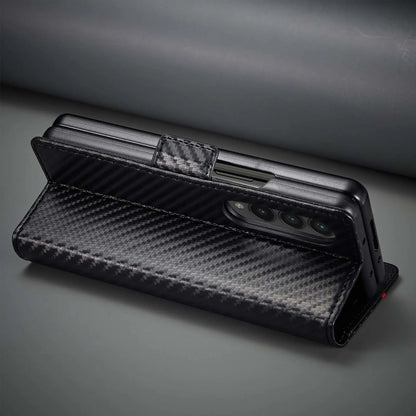 ZFold 7 Carbon Fiber Texture Phone Case for Samsung Galaxy Z Fold 7 6 5 4 3 W23 W22 5G Buckle Pu Leather Card Slot Holder Wallet