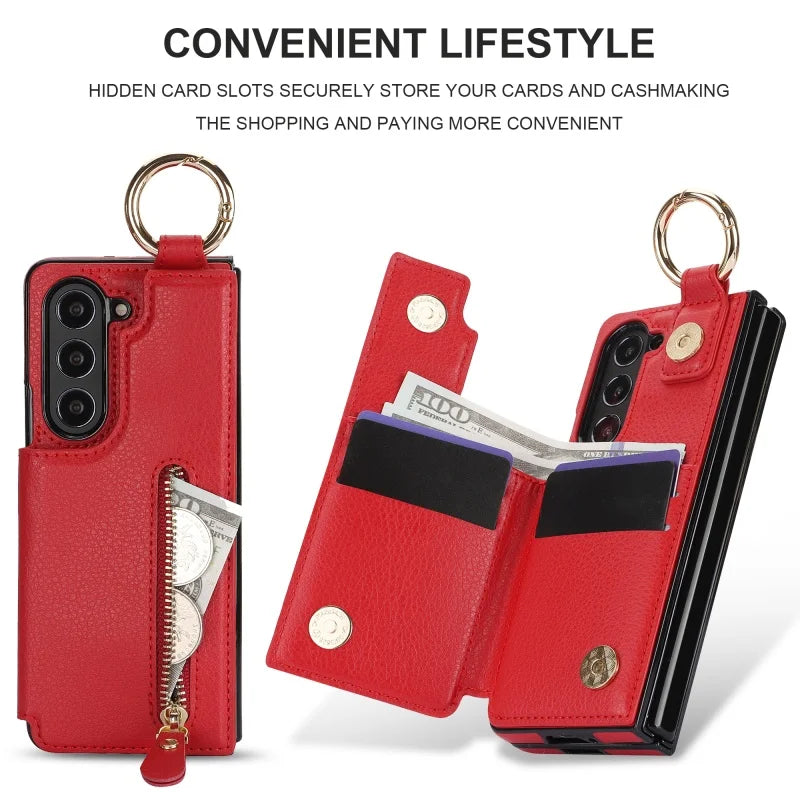 Ring Leather Zipper Wallet Card Slot Phone Case for Samsung Galaxy Z Fold 7 6 5 4 3 Shock Proof Flip Purse Holder Cover Hoesje