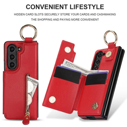 Ring Leather Zipper Wallet Card Slot Phone Case for Samsung Galaxy Z Fold 7 6 5 4 3 Shock Proof Flip Purse Holder Cover Hoesje