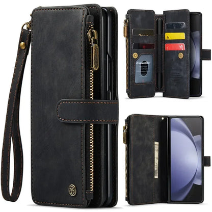 Luxury Lanyard Leather Zipper Wallet Card Phone Case For Samsung Galaxy Z Fold 7 6 5 4 Fold6 Fold5 Fold4 Purse Flip Stand Cover