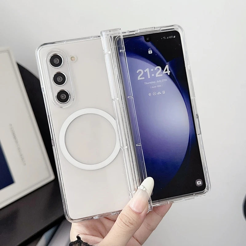 Transparent for Magsafe Magnetic Case for Samsung Galaxy Z Fold 6 5 4 3 7 Wireless Charging Clear Hard Acrylic Shockproof Cover