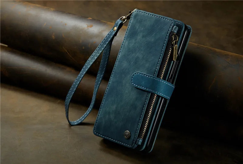 Luxury Lanyard Leather Zipper Wallet Card Phone Case For Samsung Galaxy Z Fold 7 6 5 4 Fold6 Fold5 Fold4 Purse Flip Stand Cover