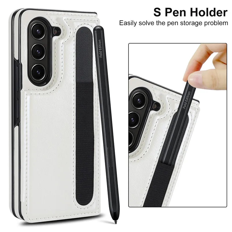 Pen Slot Leather Wallet Card Phone Case for Samsung Galaxy Z Fold 7 6 5 4 3 Fold6 Fold5 Fold4 Fold3 Retor Flip Stand Cover Etui