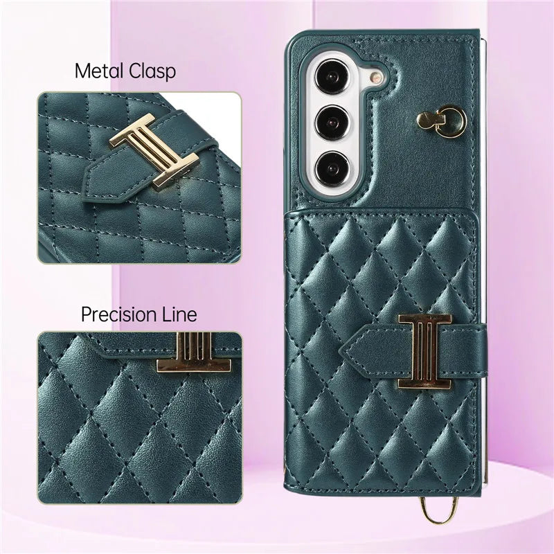 Crossbody Lanyard Leather Wallet Card Phone Case for Samsung Galaxy Z Fold 7 6 5 4 3 Fold6 Fold5 Fold4 Fold3 Wrist Rope Cover