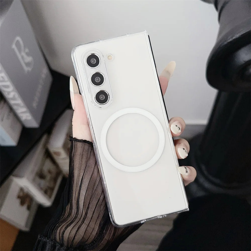 Transparent for Magsafe Magnetic Case for Samsung Galaxy Z Fold 6 5 4 3 7 Wireless Charging Clear Hard Acrylic Shockproof Cover