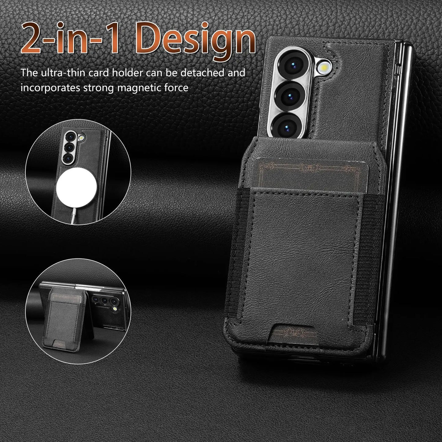 Stable Support Leather Magnetic Wallet Case for Samsung Galaxy Z Fold 7 ZFold 6 5 4 3 Tempered Glass with Hinge Protection Cover