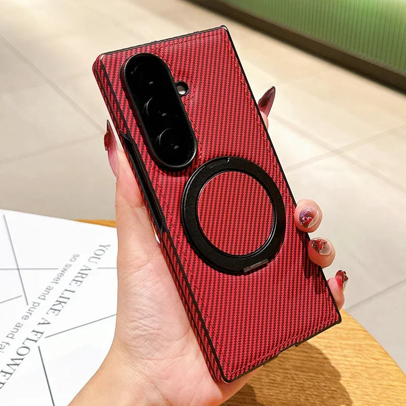 Auto Leather Phone Case for Samsung Galaxy Z Fold 7 Fold6 5 4 3 Magnetic Rotating Alloy Bracket Ring Carbon Fiber Pattern Cover