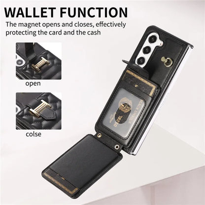 Crossbody Lanyard Leather Phone Case for Samsung Galaxy Z Fold 6 5 4 3 Fold6 Fold5 Fold4 Fold3 Wrist Rope Wallet Card Cover Etui