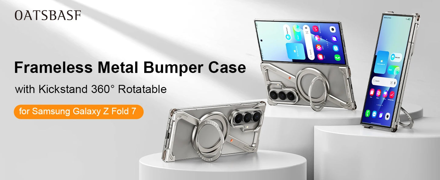 Oatsbasf Z Case for Samsung Galaxy Z Fold 7 Bumper Case with 360° Rotatable Magnetic Metal Kickstand,Frameless Minimalist Cover