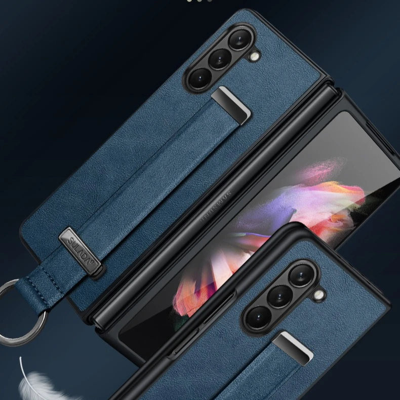 High-end Cowide Leather Mobile Phone Case for Samsung Galaxy Z Fold 7 Fold6 5 4 3 Wristband Holder Camera Protection Back Cover
