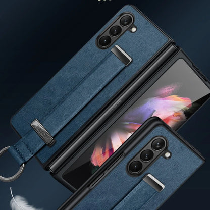 High-end Cowide Leather Mobile Phone Case for Samsung Galaxy Z Fold 7 Fold6 5 4 3 Wristband Holder Camera Protection Back Cover