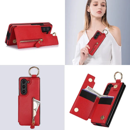 Ring Leather Zipper Wallet Card Slot Phone Case for Samsung Galaxy Z Fold 7 6 5 4 3 Shock Proof Flip Purse Holder Cover Hoesje