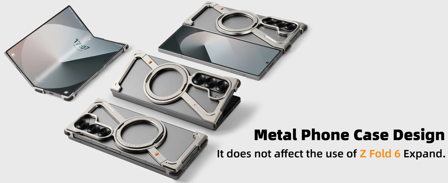 Oatsbasf Magnetic Phone Case for Samsung Galaxy Z Fold 6 5 Metal Slim Phone Protective Cover Shell with 360° Rotatable Stand