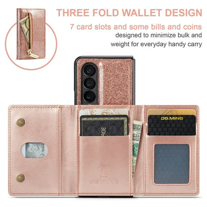 Glitter Magnetic Leather Zip Wallet Phone Case For Samsung Galaxy Z Fold 5 4 3
