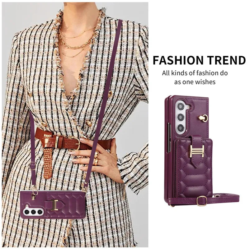 Crossbody Lanyard Leather Phone Case for Samsung Galaxy Z Fold 6 5 4 3 Fold6 Fold5 Fold4 Fold3 Wrist Rope Wallet Card Cover Etui