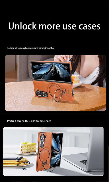 Electroplated Leather  Phone Case for Samsung Galaxy Z Fold 7 ZFold 6 5 4 3 Bracket Magnetic Wireless Charging Protective Cover