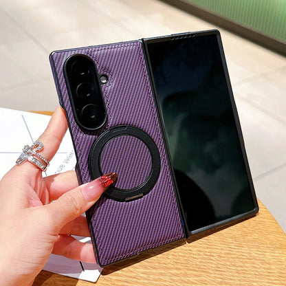 Auto Leather Phone Case for Samsung Galaxy Z Fold 7 Fold6 5 4 3 Magnetic Rotating Alloy Bracket Ring Carbon Fiber Pattern Cover