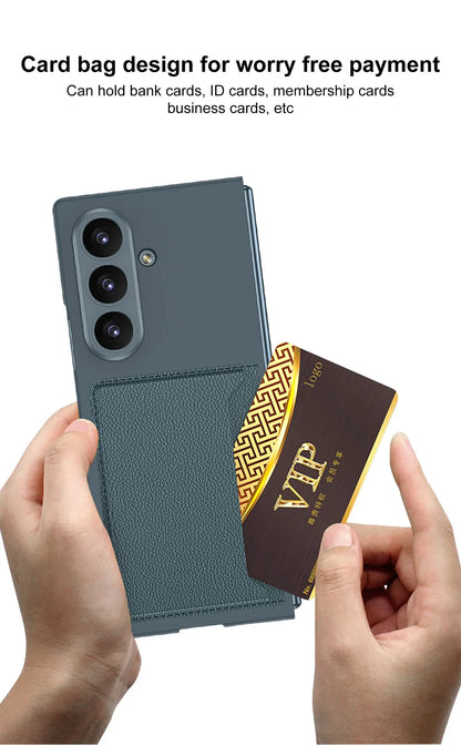 Fold7 Lichee Pattern Pu Leather Phone Case for Samsung Galaxy Z Fold 7 6 5 Card Slot Camera Protection Slim Anti Fall Hard Cover