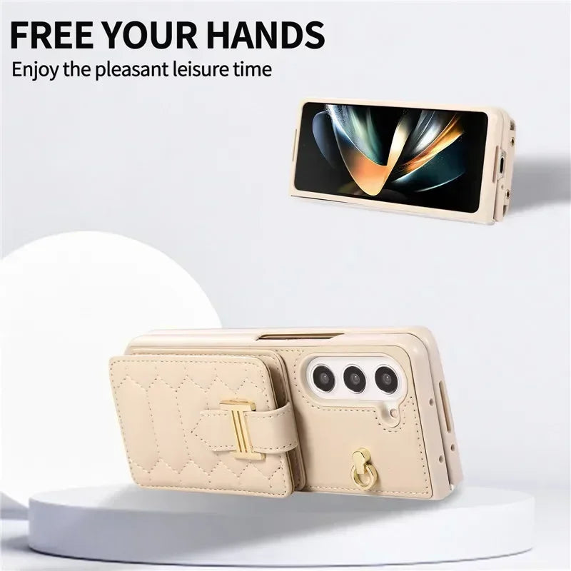 Crossbody Lanyard Leather Phone Case for Samsung Galaxy Z Fold 6 5 4 3 Fold6 Fold5 Fold4 Fold3 Wrist Rope Wallet Card Cover Etui