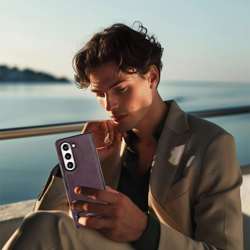 Z Fold 6 Electroplated Frame Bracket flip Leather cell Phone Case for Samsung Galaxy Z Fold 6 5 4 3 Anti Fingerprint Back Cover