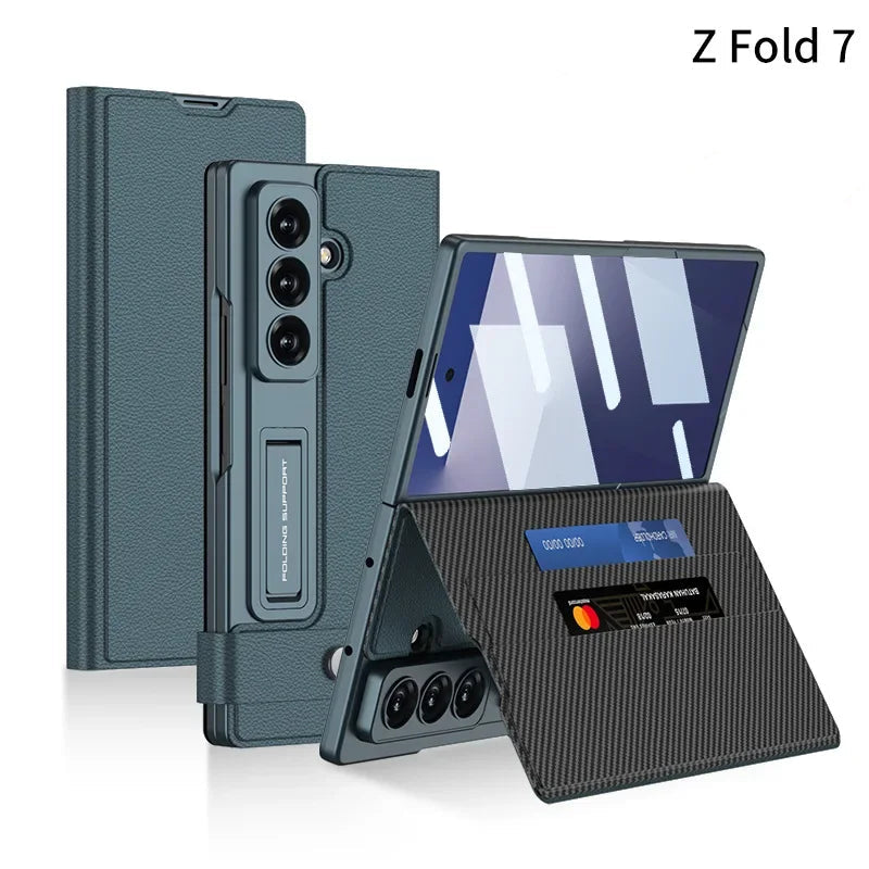 Fold7 Film+Phone Case for Samsung Galaxy Z Fold 7 Card Holder Magnetic Buckle Wallet Flip Wireless Charging Stand Leather Cover