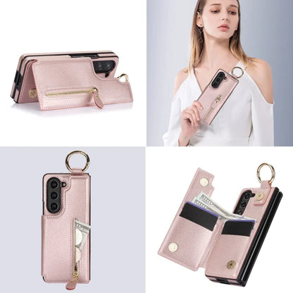 Ring Leather Zipper Wallet Card Slot Phone Case for Samsung Galaxy Z Fold 7 6 5 4 3 Shock Proof Flip Purse Holder Cover Hoesje