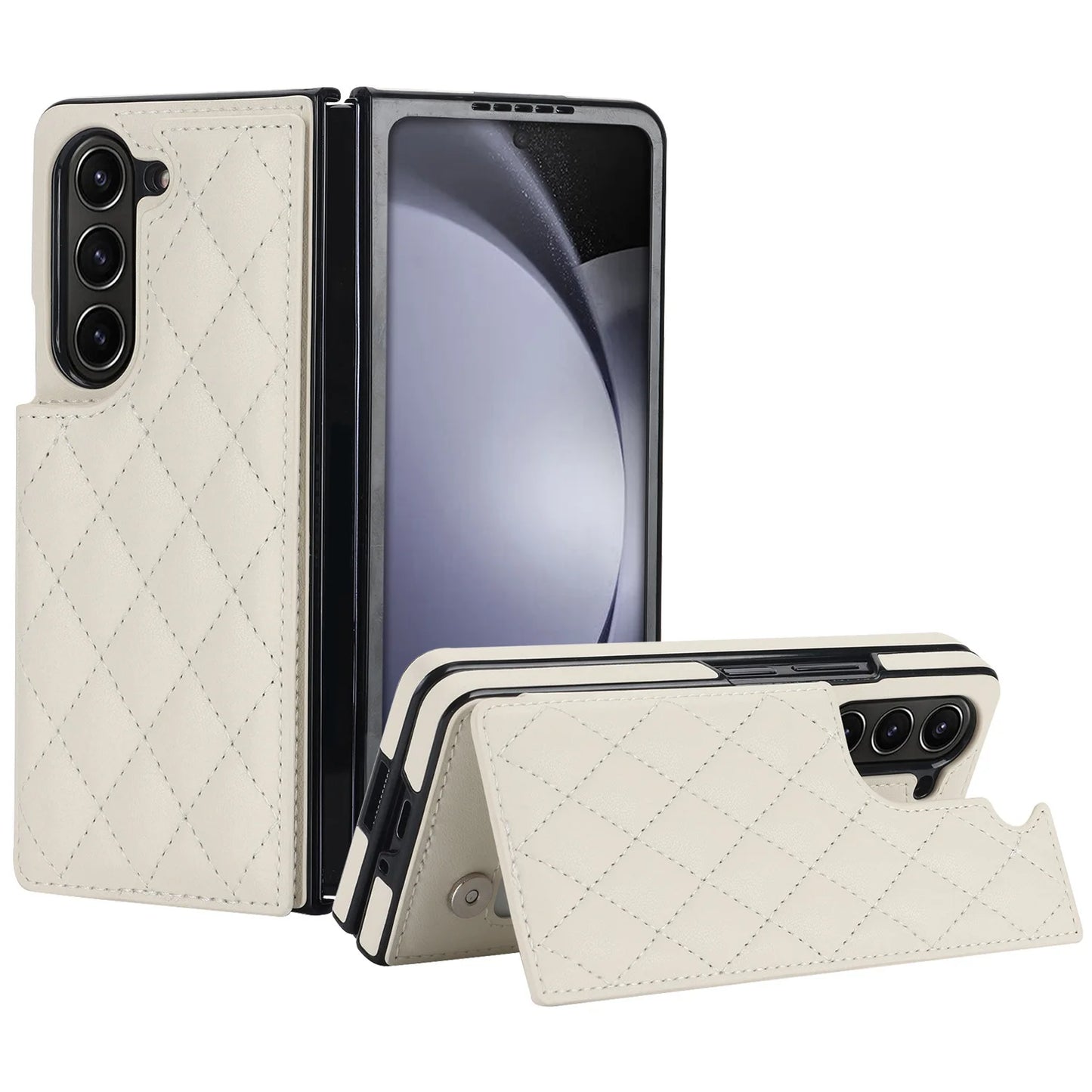 Fold7 Double Button Card Holder Wallet Phone Case for Samsung Galaxy Z Fold 7 6 5 4 3 Diamond Grid Texture Flip Pu Leather Cover