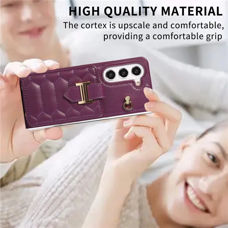 Crossbody Lanyard Leather Phone Case for Samsung Galaxy Z Fold 6 5 4 3 Fold6 Fold5 Fold4 Fold3 Wrist Rope Wallet Card Cover Etui