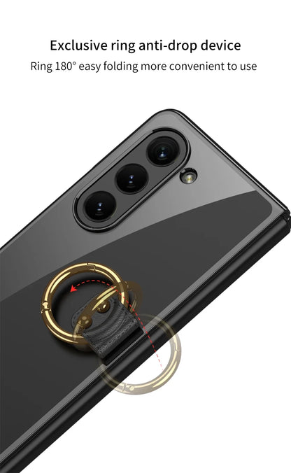 Luxury Plating HD Transparent Case for Samsung Galaxy Z Fold 6 5 5G Case with Ring Metal Ring Clear Shockproof Shell Case
