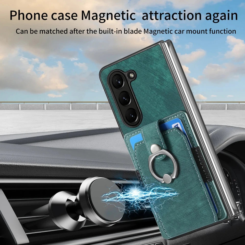 Z Fold 7 Retro Pu Leather Phone Case for Samsung Galaxy Z Fold 6 5 4 3 Magnetic Hardware Ring&buckle Card Slot Bag Bracket Cover