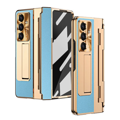 For Samsung Galaxy Z Fold 7 6 5 4 5G With Screen Protect Glass Film Luxury Leather One-Piece Plating Stand Hinge Shockproof Case