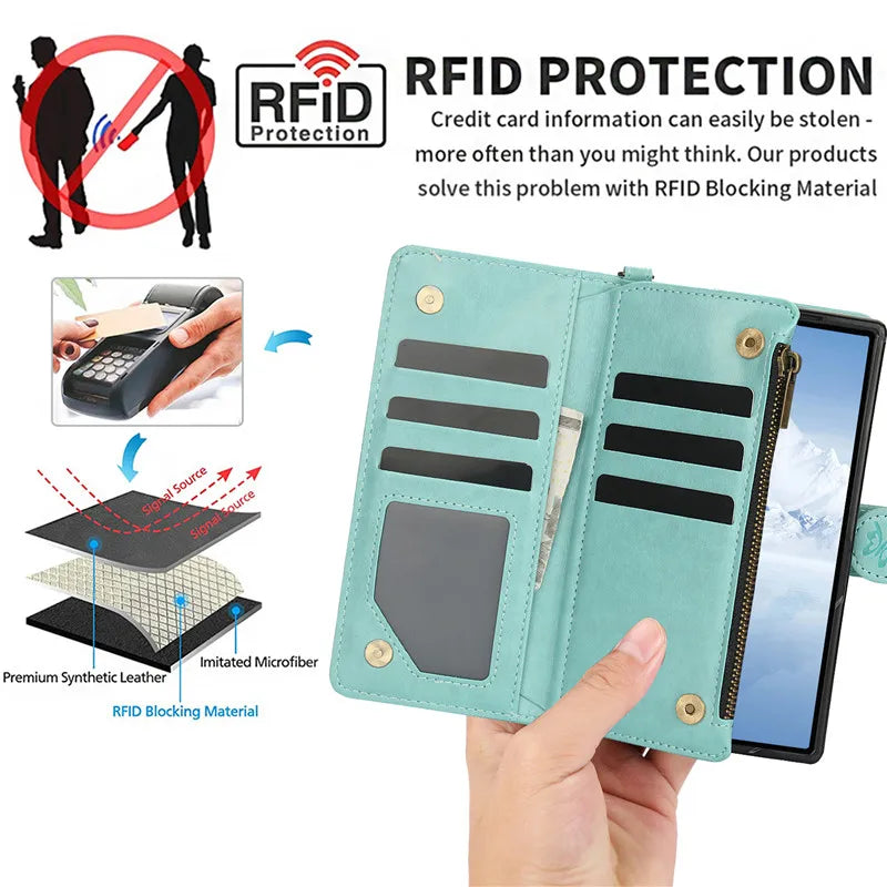 Lanyard Leather Zipper Wallet Multi Card Phone Case for Samsung Galaxy Z Fold 7 6 5 4 3 Fold6 Fold5 Fold4 Fold3 Flip Stand Cover