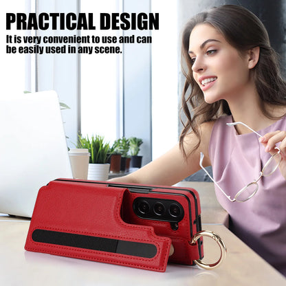 Fold7 Ring&Pen Slot Pu Leather Phone Case for Samsung Galaxy Z Fold 7 6 5 4 3 Metal Double Buckle Flip Card Holder Wallet Cover