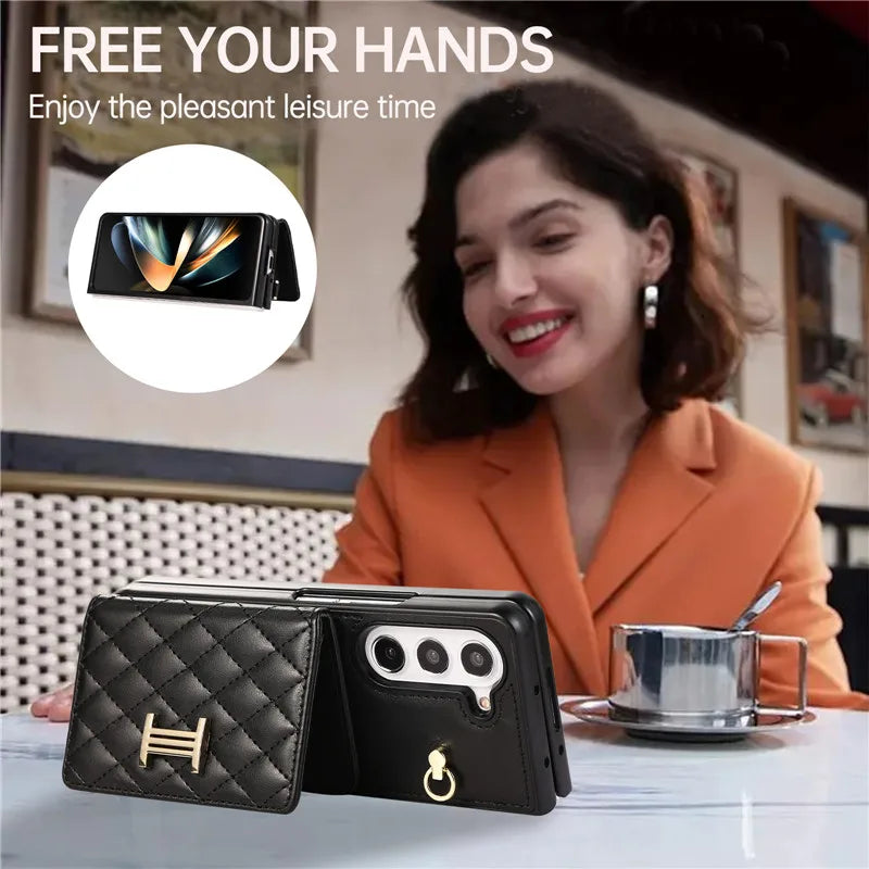 Crossbody Lanyard Leather Wallet Card Phone Case for Samsung Galaxy Z Fold 7 6 5 4 3 Fold6 Fold5 Fold4 Fold3 Wrist Rope Cover