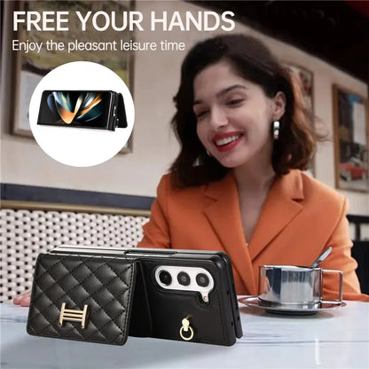 Crossbody Lanyard Leather Wallet Card Phone Case for Samsung Galaxy Z Fold 7 6 5 4 3 Fold6 Fold5 Fold4 Fold3 Wrist Rope Cover