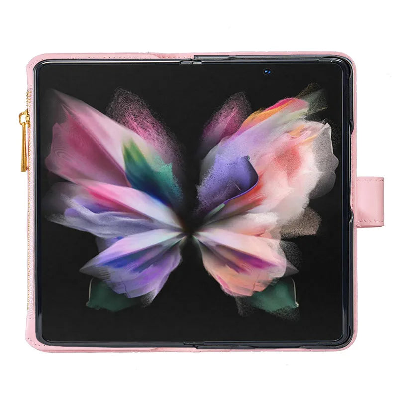 Luxury Lanyard Zipper Wallet Card Slot Phone Case For Samsung Galaxy Z Fold 7 6 5 4 3 Fold6 Fold5 Fold4 Leather Flip Stand Cover