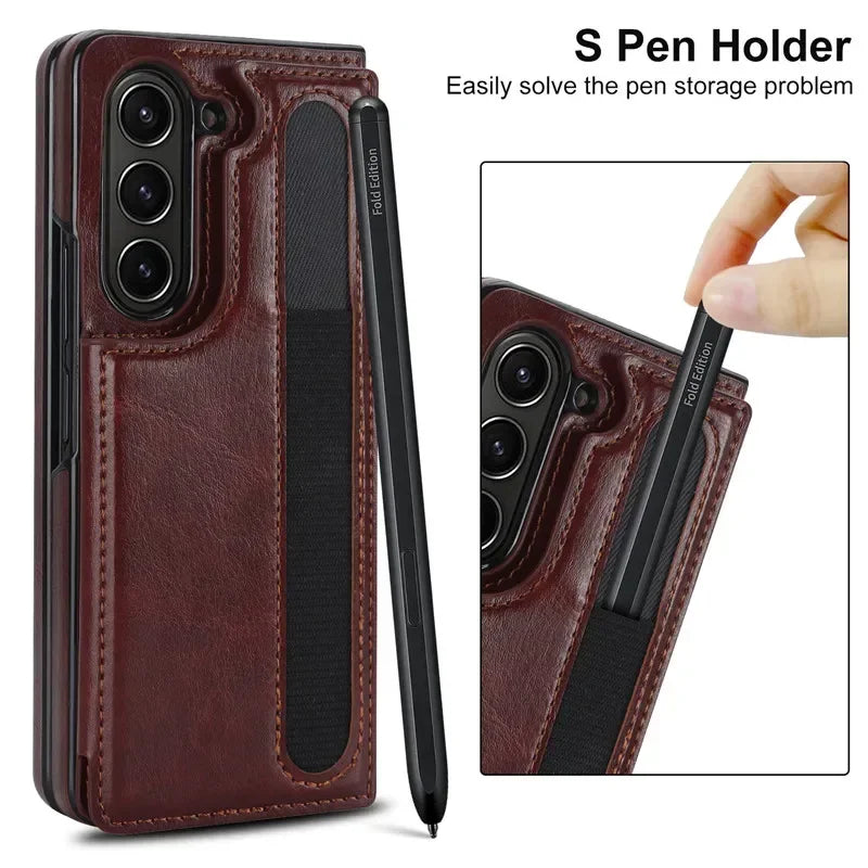 Pen Slot Leather Wallet Card Phone Case for Samsung Galaxy Z Fold 7 6 5 4 3 Fold6 Fold5 Fold4 Fold3 Retor Flip Stand Cover Etui