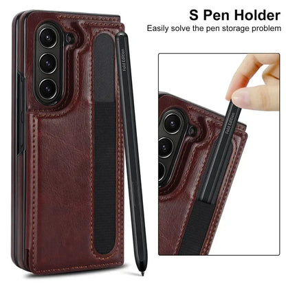 Pen Slot Leather Wallet Card Phone Case for Samsung Galaxy Z Fold 7 6 5 4 3 Fold6 Fold5 Fold4 Fold3 Retor Flip Stand Cover Etui
