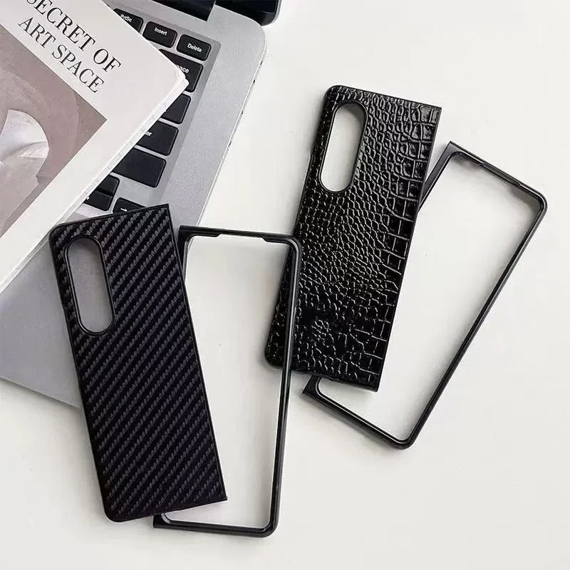 Leather Case For Samsung Galaxy Z Fold 7 6 5 4 3 Z Flip 7 6 5 4 3 Carbon Fiber Saffiano Crocodile Lychee Cover Wireless Charging