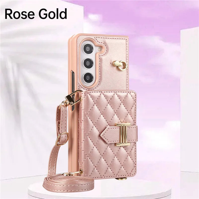 Crossbody Lanyard Leather Wallet Card Phone Case for Samsung Galaxy Z Fold 7 6 5 4 3 Fold6 Fold5 Fold4 Fold3 Wrist Rope Cover