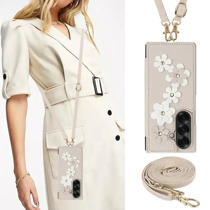 Long Lanyard Leather Wallet Card Slot Phone Case for Samsung Galaxy Z Fold 7 6 5 4 Wrist Strap Flip Purse Holder Cover Back Bag