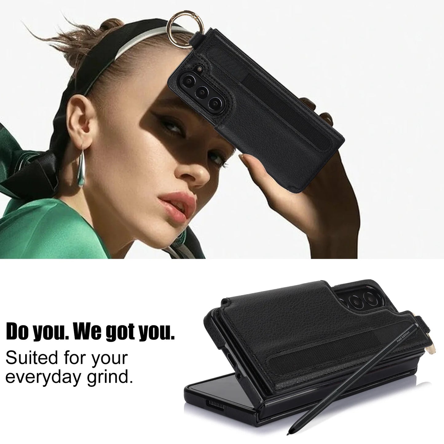 Fold7 Ring&Pen Slot Pu Leather Phone Case for Samsung Galaxy Z Fold 7 6 5 4 3 Metal Double Buckle Flip Card Holder Wallet Cover